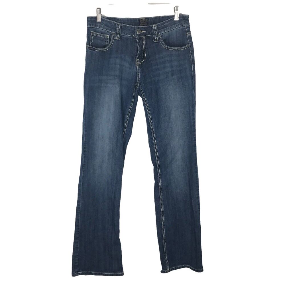 Cowgirl Up‎ Jeans Western Bootcut Flare Blue 6 W29 Embellished Pockets Distress